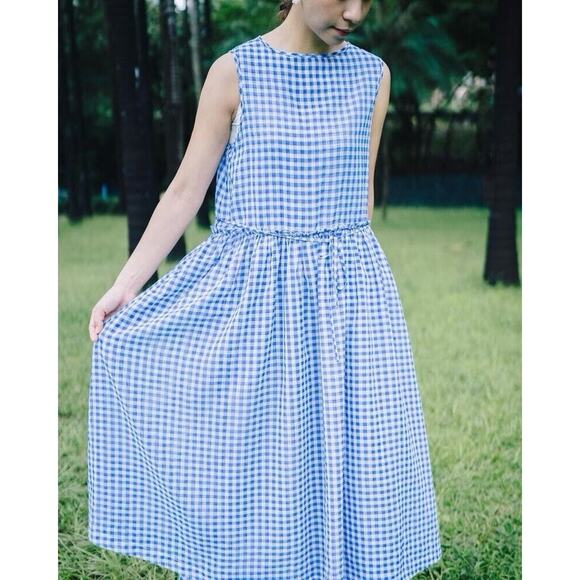HIGH Everyday Couture by Claire Campbell Blue Gingham Midi Dress Sz M Drop Waist - Picture 3 of 14